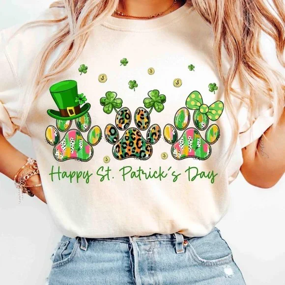 Dog Paw Print Shamrock T-shirt, St Patrick Shirt - Picture 1 of 5